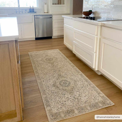 Cara Flat Pile Washable Rug, light gray runner with subtle medallion pattern Boutique Rugs on Tampa Home & Garden Store