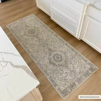 Cara Flat Pile Washable Rug by Boutique Rugs, gray taupe with medallion pattern for kitchen on Tampa Home & Garden Store