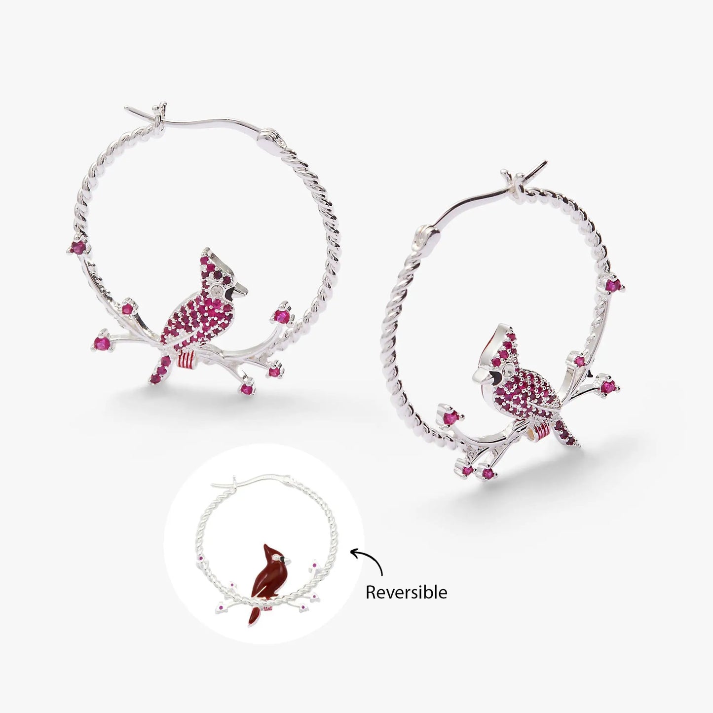 Cardinal Reversible Hoop Earrings by ALEX AND ANI twisted hoops with pink cardinal accents on Tampa Home & Garden Store