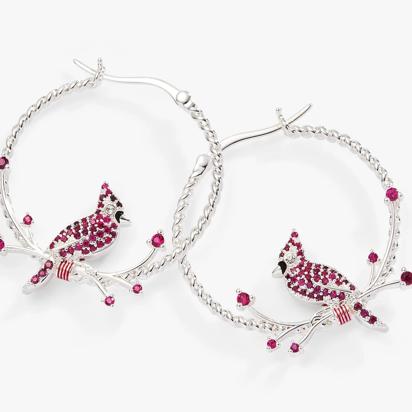 Cardinal Reversible Hoop Earrings, silver-tone hoops with pink crystal cardinal accents on Tampa Home & Garden Store