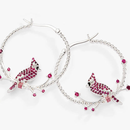 Cardinal Reversible Hoop Earrings, silver-tone hoops with pink crystal cardinal accents on Tampa Home & Garden Store