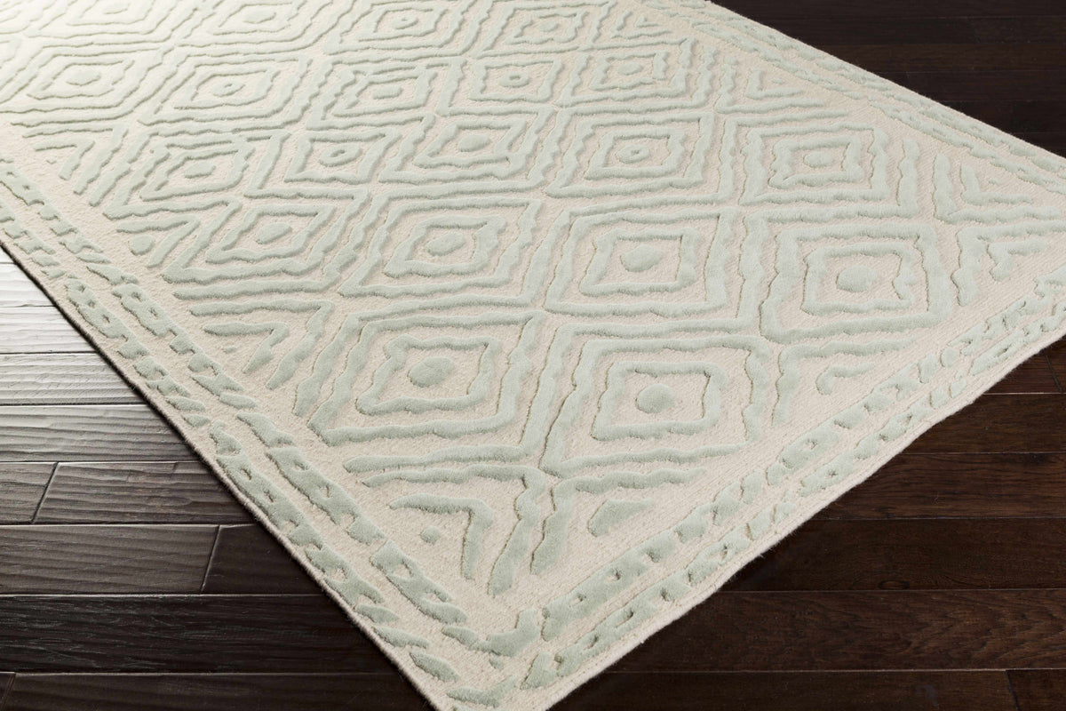 Carnegie Area Rug beige with mint geometric diamond pattern on Tampa Home & Garden Store