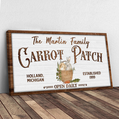 Carrot Patch Easter Sign III canvas with wood frame, brown script, bunny illustration on Tampa Home & Garden Store