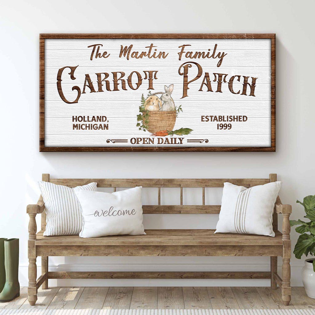 Carrot Patch Easter Sign III canvas wall art with brown wood frame Tailored Canvases on Tampa Home & Garden Store