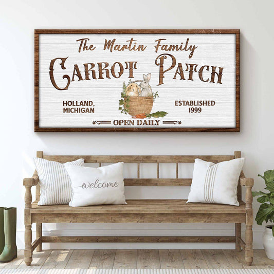 Carrot Patch Easter Sign III canvas wall art with brown wood frame Tailored Canvases on Tampa Home & Garden Store