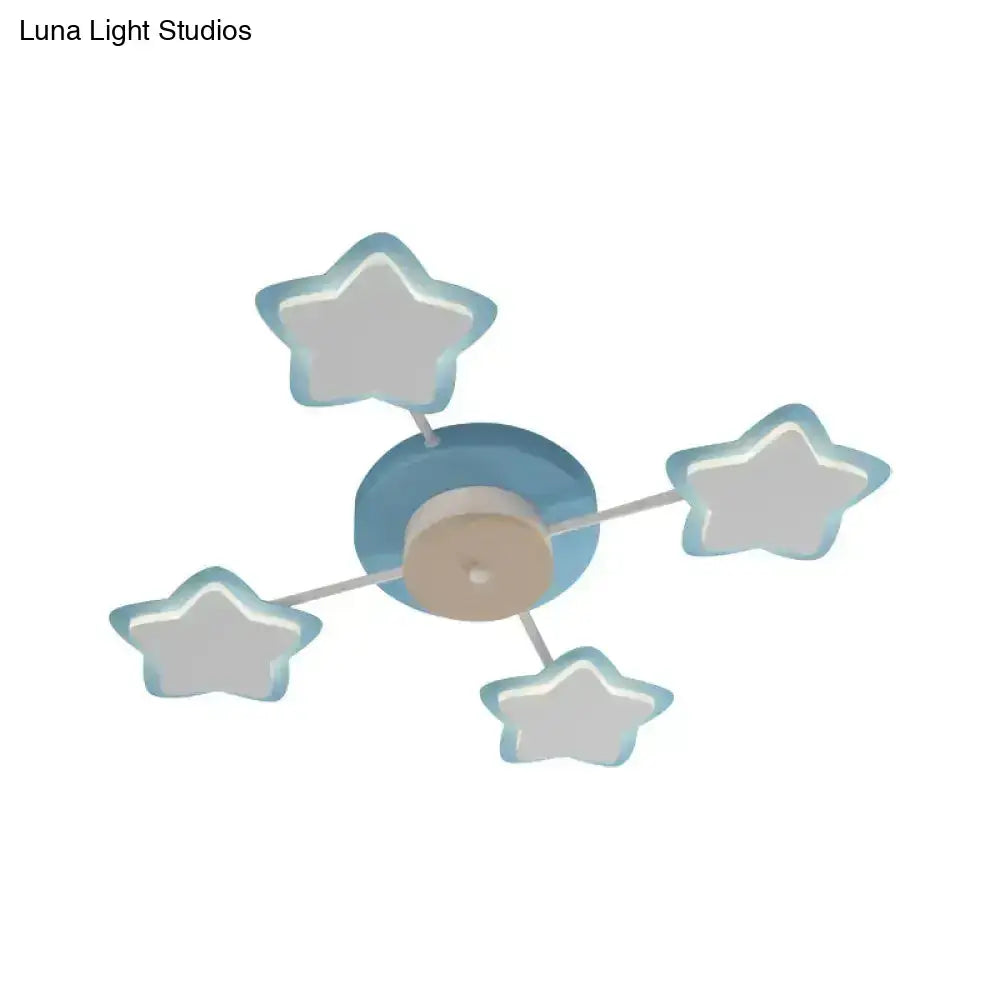 Pink Star LED Ceiling Light flush mount with four blue star lamps around a blue central hub on Tampa Home & Garden Store