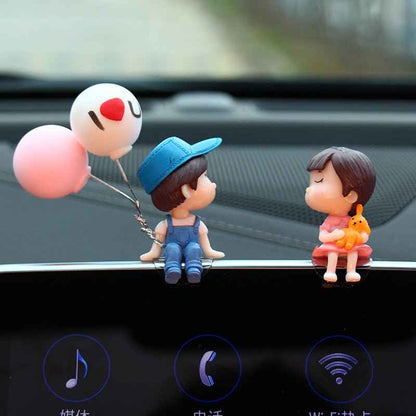 Shaketea 4pc Cartoon Couple Car Decor resin figurines: blue-cap boy, catgirl with balloons on Tampa Home & Garden Store