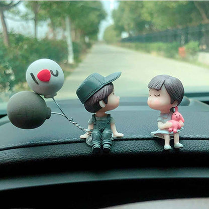 Cartoon Couple Car Decor 4PCS figurines set Shaketea; boy in cap, girl with pink plush on dash on Tampa Home & Garden Store