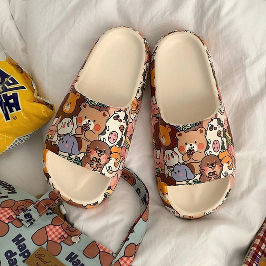 Sandals Stevvex pink cartoon bear print non-slip thick sole slip-on indoor outdoor on Tampa Home & Garden Store