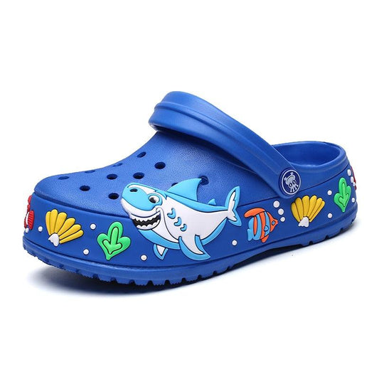 Stevvex lightweight kids clogs and summer sandals blue with shark graphic and sea motifs on Tampa Home & Garden Store