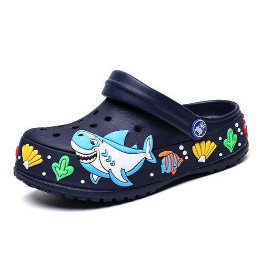Stevvex kids' clogs navy with shark graphic and sea life accents, adjustable strap on Tampa Home & Garden Store