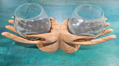 Carved Wooden Hand and Molten Glass Terrarium