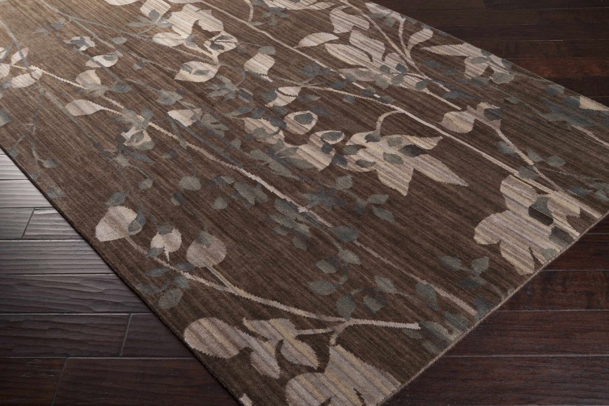 Castella Area Carpet rug in brown with beige and gray leaf pattern by Boutique Rugs clearance on Tampa Home & Garden Store