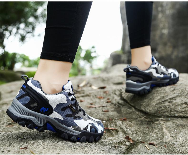 Stevvex camouflage hiking sneakers with rugged outsole and blue accents on Tampa Home & Garden Store