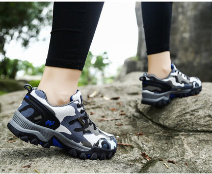 Stevvex camouflage hiking sneakers with rugged outsole and blue accents on Tampa Home & Garden Store