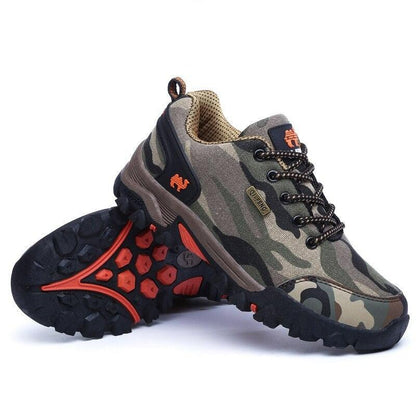 Stevvex camouflage hiking sneakers with rugged outsole camo fabric upper and orange logo patch on Tampa Home & Garden Store