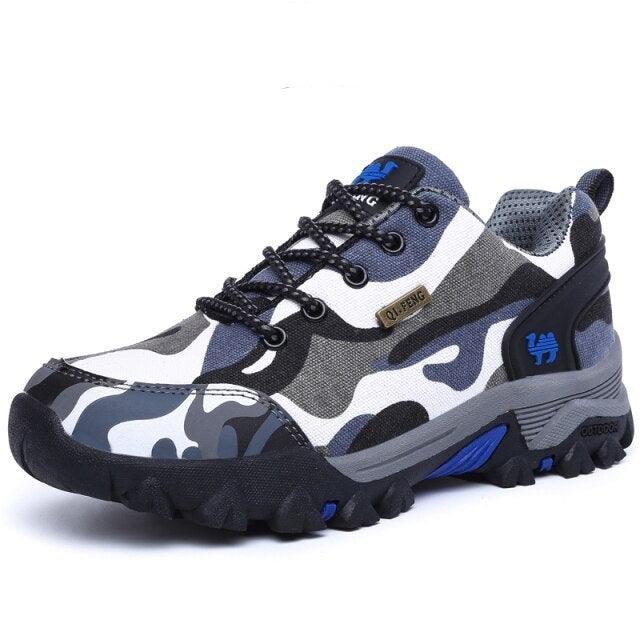 Stevvex camouflage hiking sneakers, rugged non-slip sole, gray/black/blue palette on Tampa Home & Garden Store