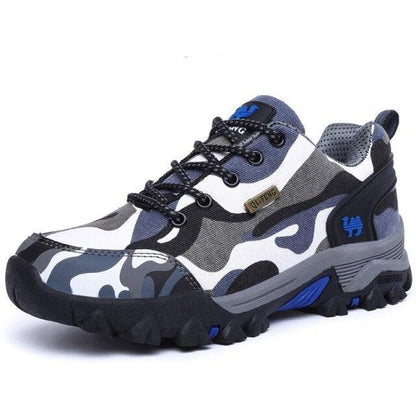 Stevvex camouflage hiking sneakers, rugged non-slip sole, gray/black/blue palette on Tampa Home & Garden Store
