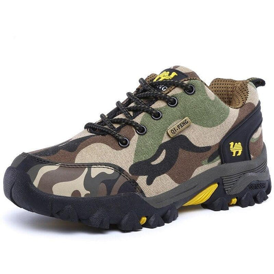 Stevvex camouflage hiking sneakers, rugged black outsole with yellow accents on Tampa Home & Garden Store