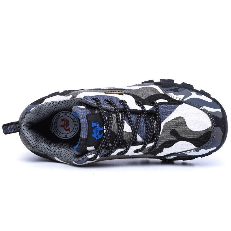 Stevvex camouflage athletic shoe top view; gray-blue mesh upper, lace-up, non-slip outsole on Tampa Home & Garden Store