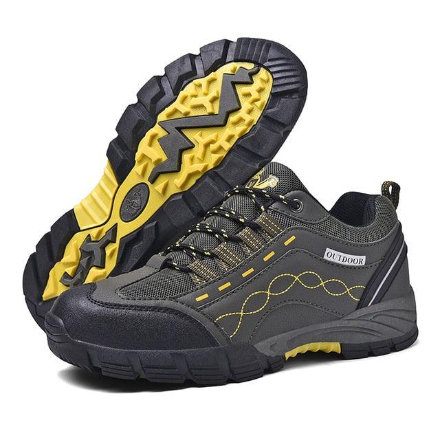 Casual mens outdoor shoes Stevvex, black leather with yellow accents, rugged outsole on Tampa Home & Garden Store