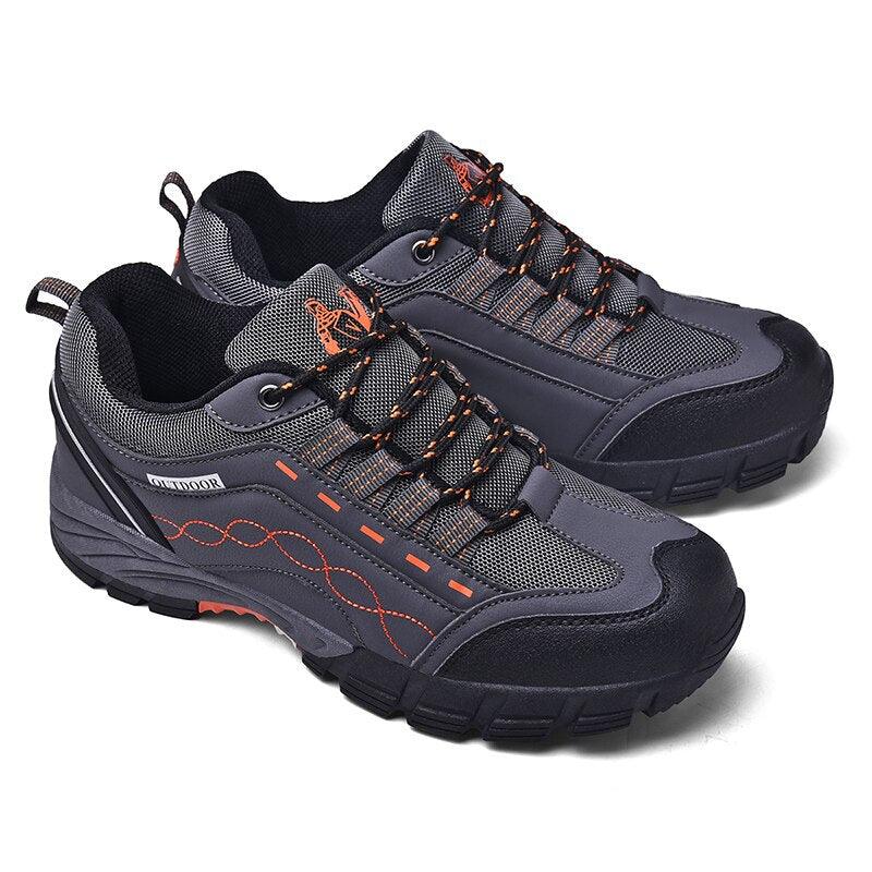 Stevvex men's outdoor shoes navy gray leather mesh with orange laces rugged sneakers on Tampa Home & Garden Store
