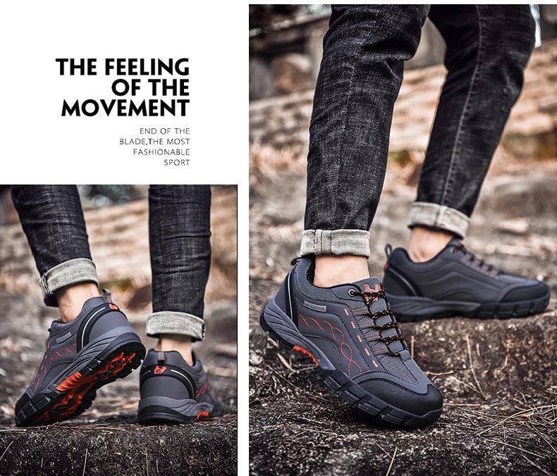 Casual Stevvex men's outdoor leather shoes, dark gray with orange accents, low-cut on Tampa Home & Garden Store