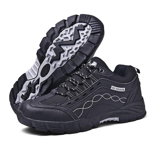 Stevvex men's outdoor shoes, black leather, low-cut athletic sneakers with rugged outsole on Tampa Home & Garden Store