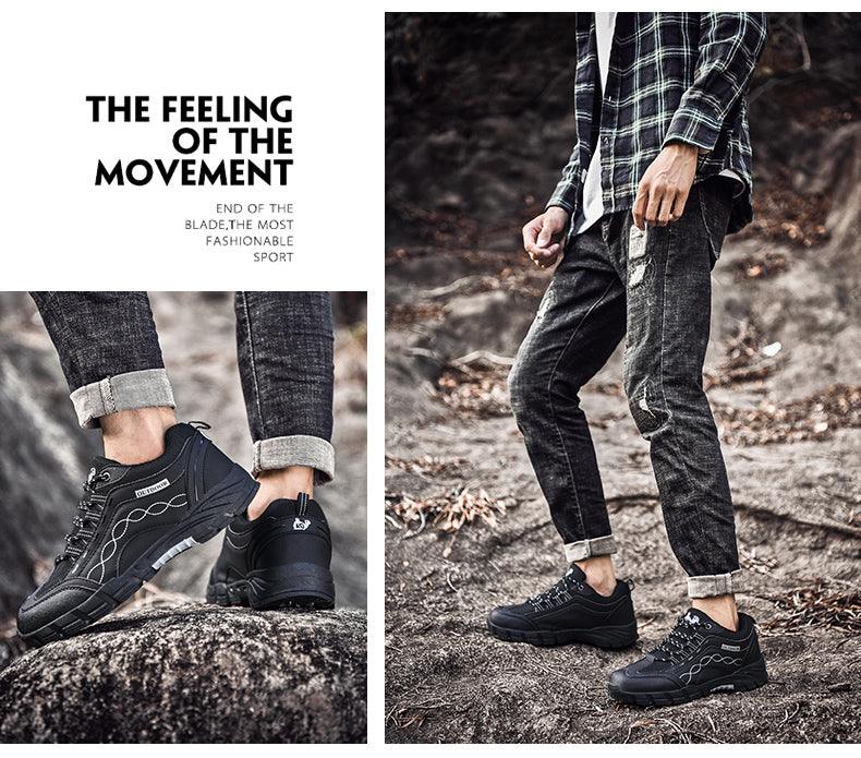 Stevvex black leather outdoor shoes, low-cut, breathable athletic footwear shown in two angles on Tampa Home & Garden Store