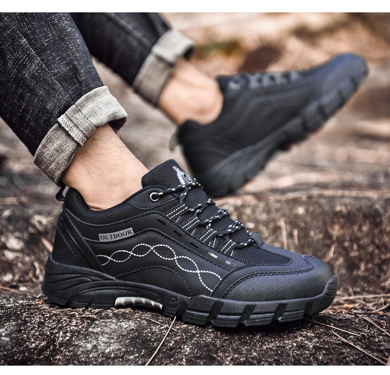 Stevvex men's outdoor athletic shoes, black low-cut leather with stitch and rugged outsole on Tampa Home & Garden Store