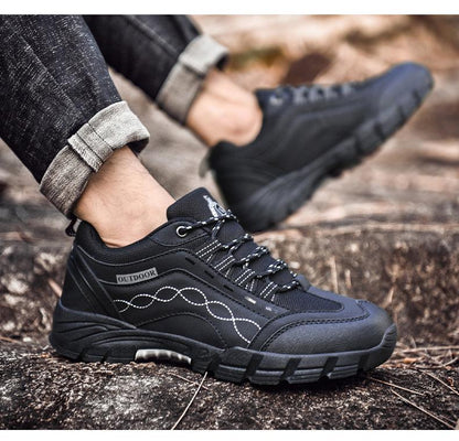 Stevvex men's outdoor athletic shoes, black low-cut leather with stitch and rugged outsole on Tampa Home & Garden Store