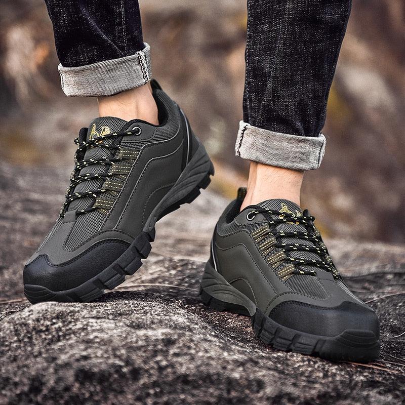 Casual Mens Outdoor Shoes Stevvex dark gray leather mesh low-cut sneakers with rugged outsole on Tampa Home & Garden Store