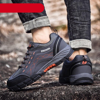 Stevvex men's outdoor athletic shoes navy gray leather upper with orange stitching rugged sole on Tampa Home & Garden Store