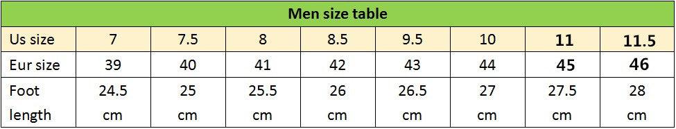 Men's sneaker size chart showing US sizes 7–11.5 and corresponding foot lengths in cm on Tampa Home & Garden Store