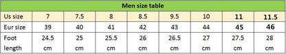 Men's sneaker size chart showing US sizes 7–11.5 and corresponding foot lengths in cm on Tampa Home & Garden Store