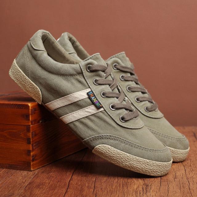 Stevvex casual canvas sneakers olive green round toe lace-up beige side stripe rubber sole on Tampa Home & Garden Store