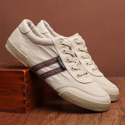 Stevvex beige canvas sneakers pair with lace-up front and textured rubber sole on Tampa Home & Garden Store