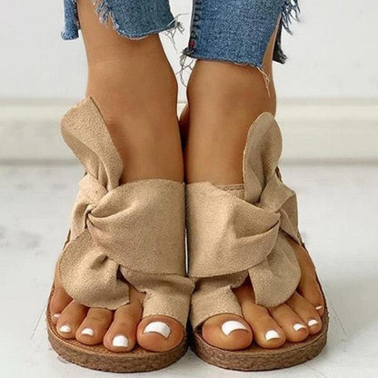 Pair of beige suede knot-strap platform sandals for women with open toes and rope sole by Stevvex on Tampa Home & Garden Store