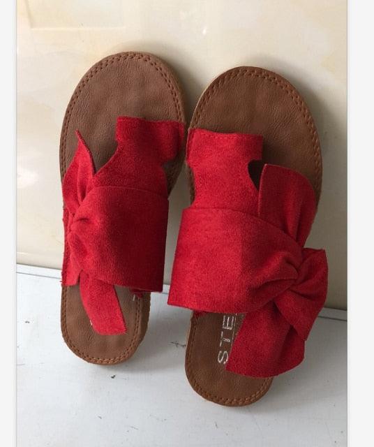 Casual sandals women red knotted bow open-toe pair by Stevvex on brown footbed on Tampa Home & Garden Store