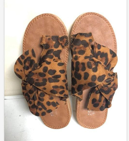 Leopard print knot-bow sandals for women, open-toe, flat footbed, Stevvex pair on Tampa Home & Garden Store