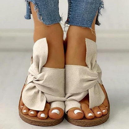 Stevvex women's knotted bow open-toe platform sandals pair with beige fabric straps on Tampa Home & Garden Store