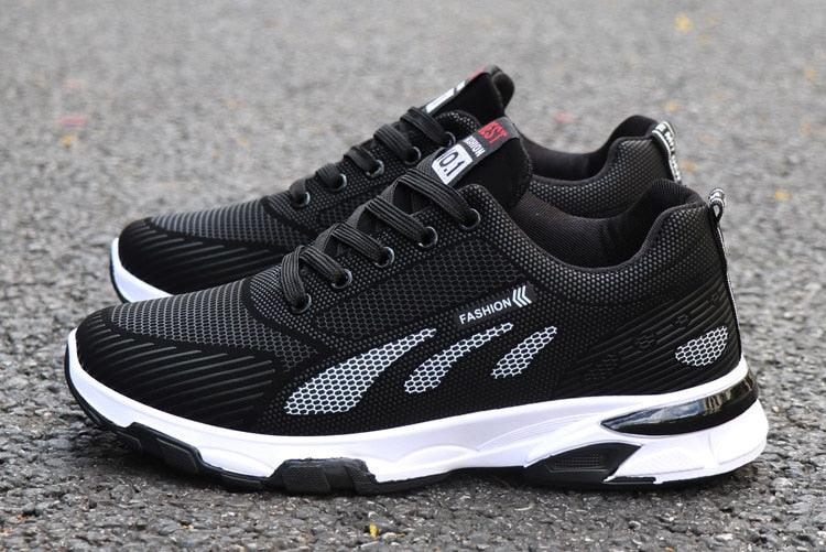 Stevvex casual mesh athletic sneakers, black with white sole, non-slip running shoes on Tampa Home & Garden Store