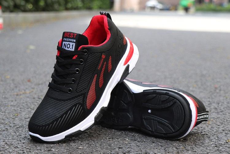 Stevvex athletic mesh sneakers pair with black red accents, cushioned non-slip outsole on Tampa Home & Garden Store