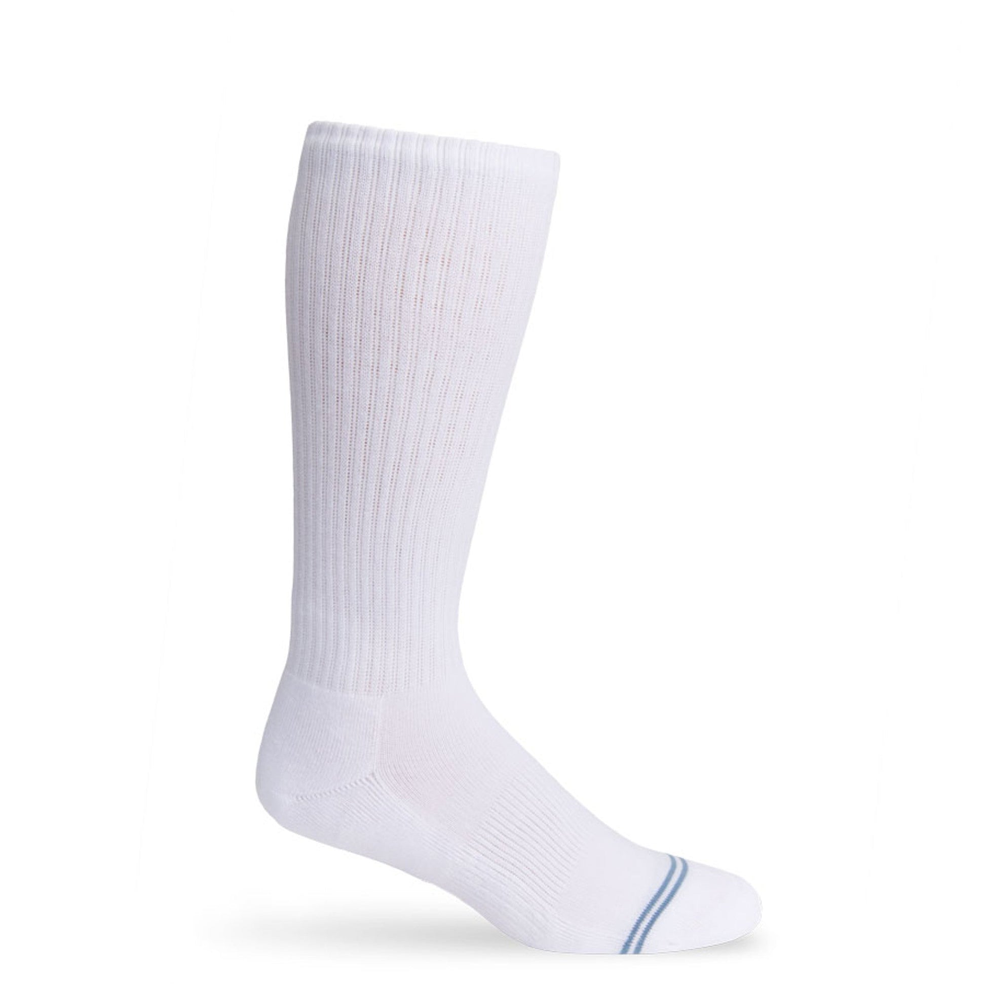Casual White Crew Socks, two visible socks: one plain ribbed and one with blue stripe detail on Tampa Home & Garden Store