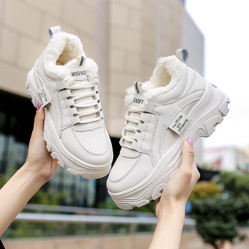 White fleece-lined chunky platform sneakers pair with lace-up front, fashion for women on Tampa Home & Garden Store