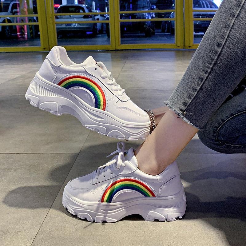 White rainbow-arch platform sneakers with lace-up closure and chunky sole by Stevvex on Tampa Home & Garden Store