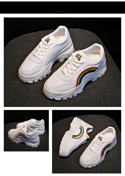 Casual Winter Women Thick Sneakers white Stevvex platform sneakers with rainbow side stripe on Tampa Home & Garden Store