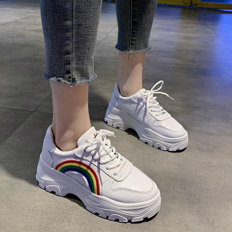 White platform sneakers with rainbow arc, lace-up, chunky sole for women on Tampa Home & Garden Store
