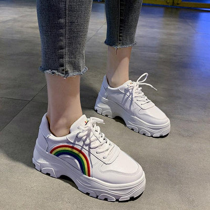 White platform sneakers with rainbow arc, lace-up, chunky sole for women on Tampa Home & Garden Store