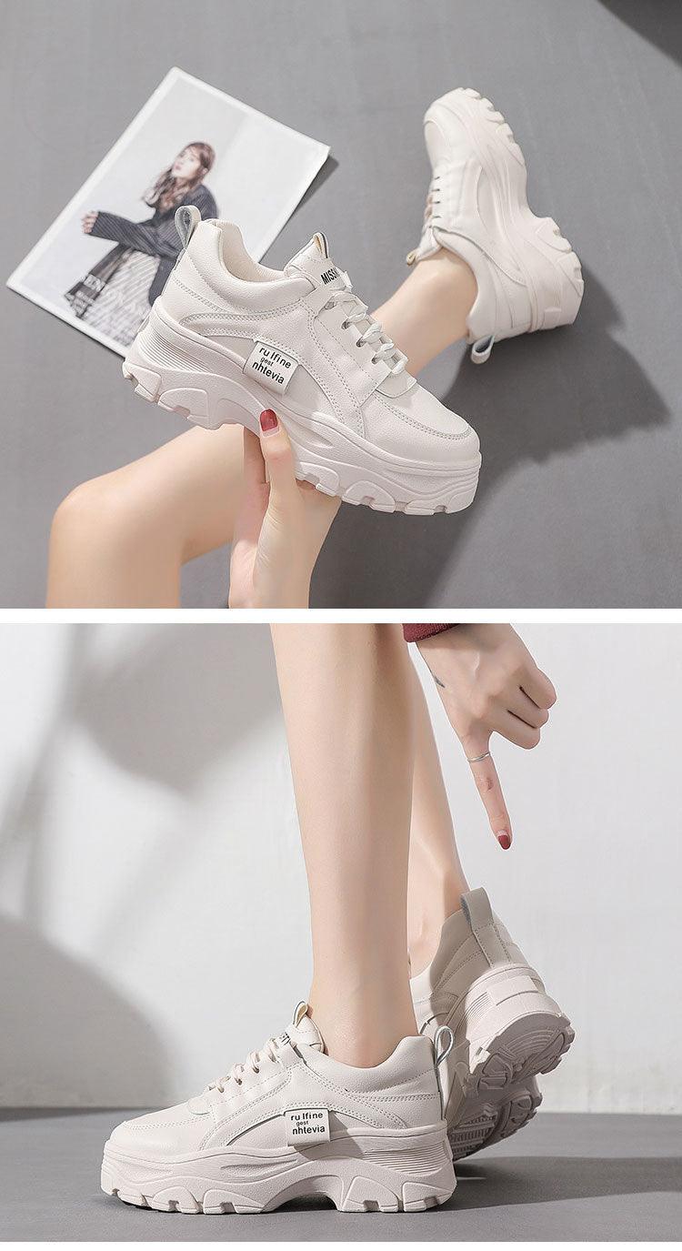 Stevvex white sneakers with lace-up design, thick sole, breathable casual athletic shoes on Tampa Home & Garden Store